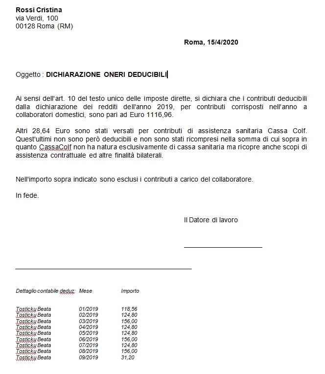 Dichiarazione oneri deducibili per il datore di lavoro di colf e badanti Dichiarazione oneri deducibili per il datore di lavoro di colf e badanti